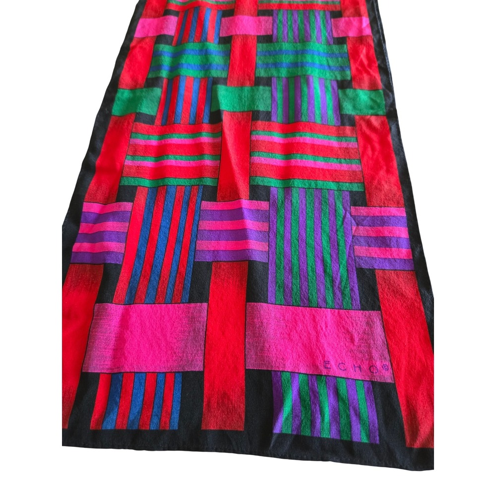 Echo Vintage Silk Scarf Colorful Red Pink Blue Geometric Basketweave 11x56